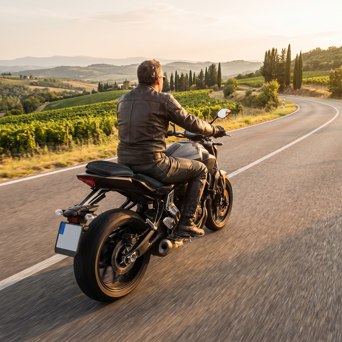 Motard sur la route avec le coussin RideWell
