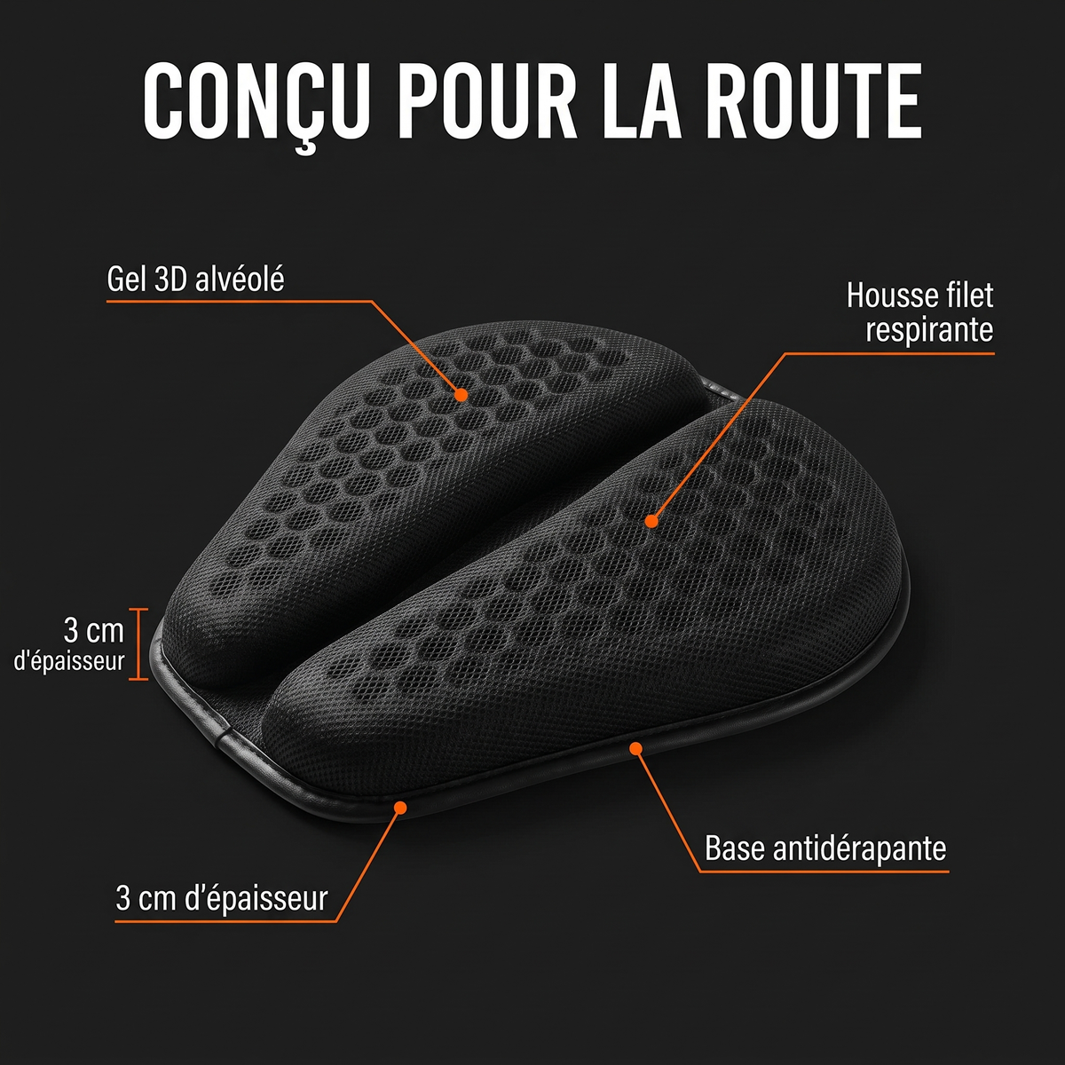 Anatomie du coussin : gel 3D, housse respirante, base antidérapante, 3 cm